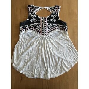 Lucky Brand Embroidered Tank Top Sz S Sleeveless Black White Aztec Tribal Boho